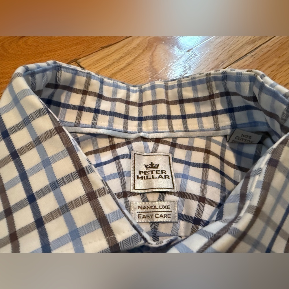 Peter Millar Nanoluxe Easy Care Shirt Blue/White/Brown Check Men Sz M 15.5 Reg - Picture 4 of 12